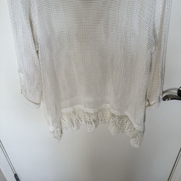LeModa Knit Sweater Top White Beach Mesh Lace Trim Y2K Boho Fairy Vacation Large - Picture 5 of 9